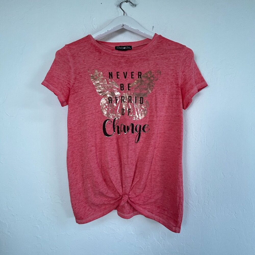 Kandy Kiss Womens Never Be Afraid Of Change Graphic T-Shirt Knot Front Red